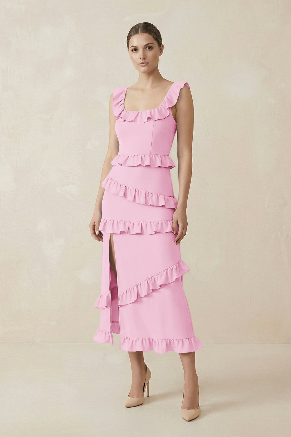 Square Neck Ruffled Sheath Satin Midi Bridesmaid Dress in Pink