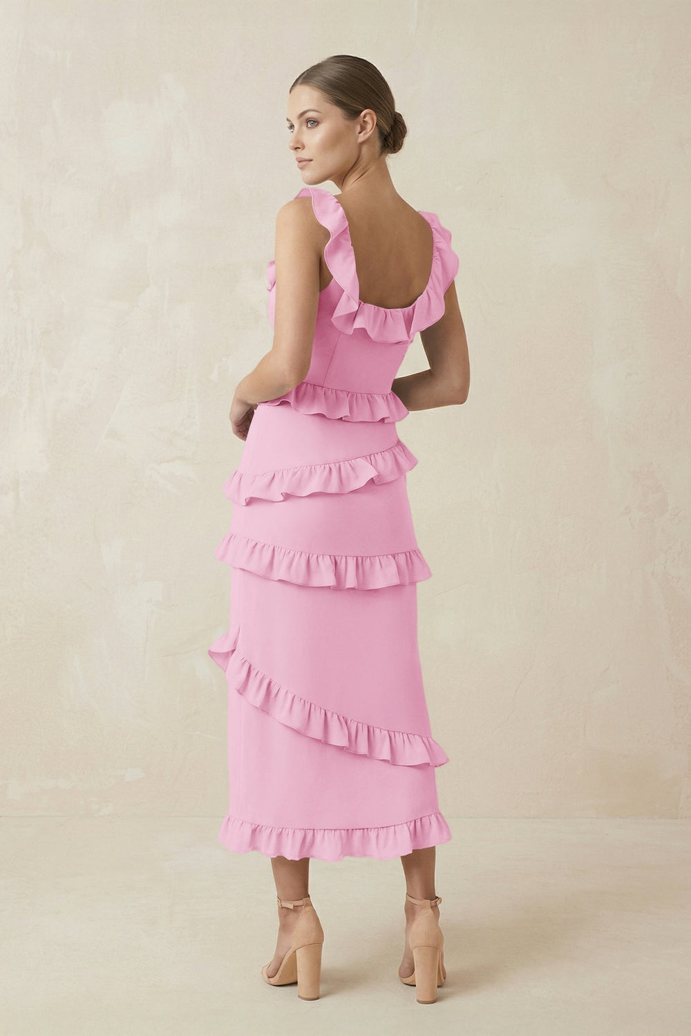 Square Neck Ruffled Sheath Satin Midi Bridesmaid Dress in Pink