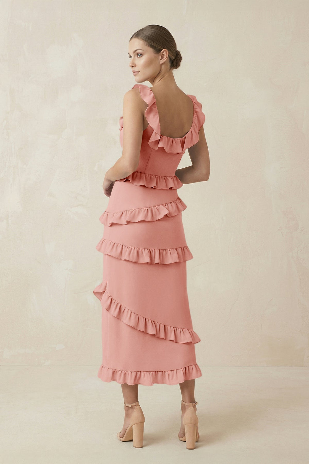 Square Neck Ruffled Sheath Satin Midi Bridesmaid Dress in Rose Petal