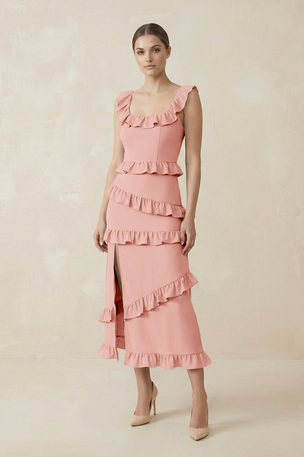 Square Neck Ruffled Sheath Satin Midi Bridesmaid Dress in Rose Petal
