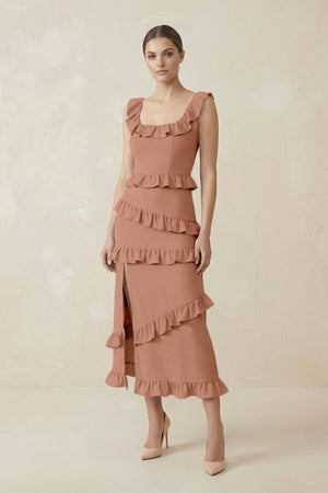 Square Neck Ruffled Sheath Satin Midi Bridesmaid Dress in Rosette - KISS BRIDAL Bridesmaid Dresses