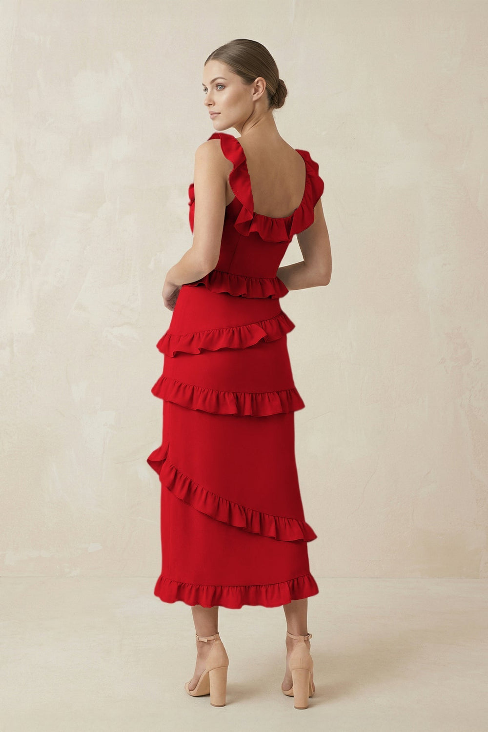 Square Neck Ruffled Sheath Satin Midi Bridesmaid Dress in Ruby Red