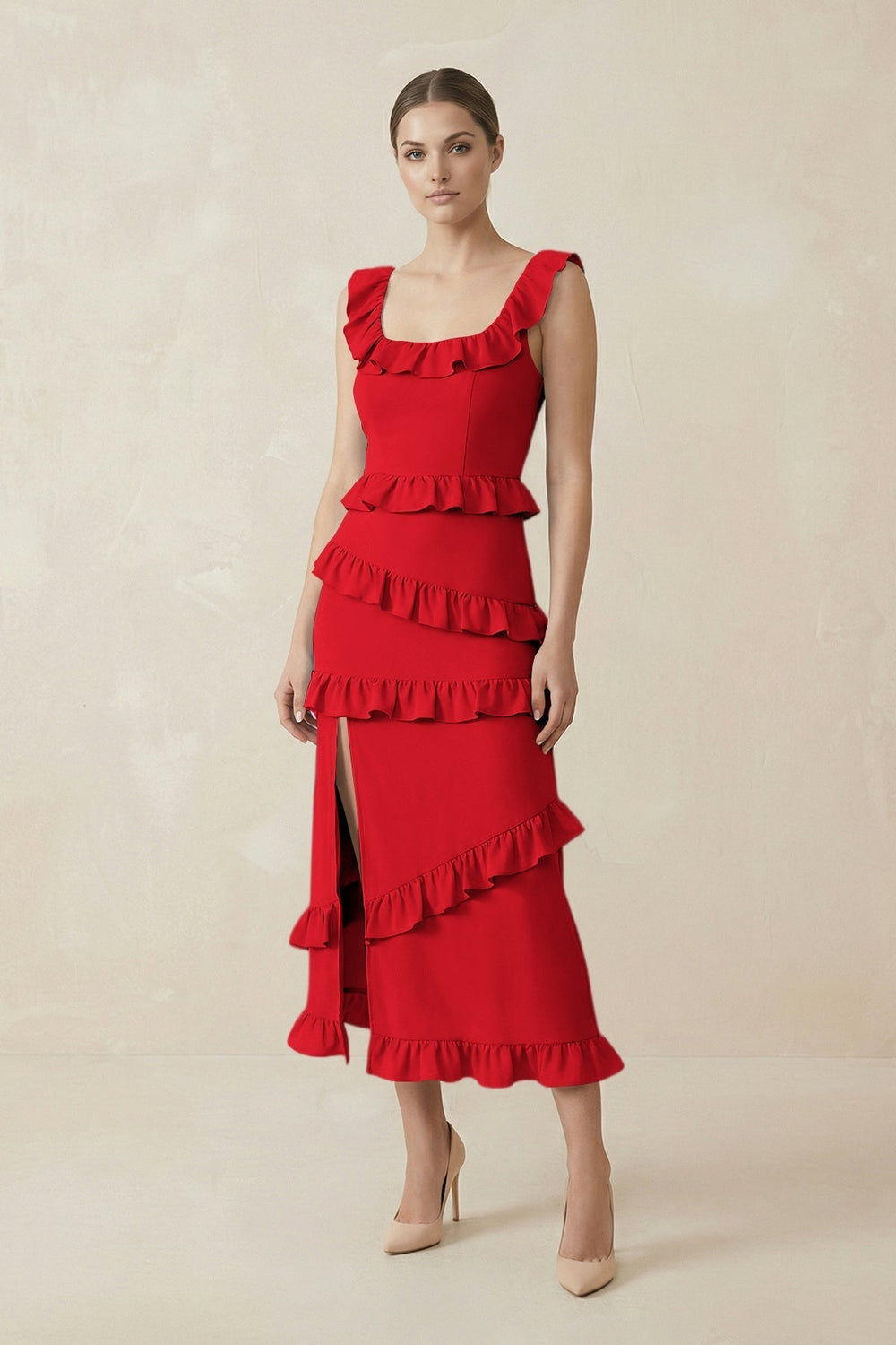 Square Neck Ruffled Sheath Satin Midi Bridesmaid Dress in Ruby Red