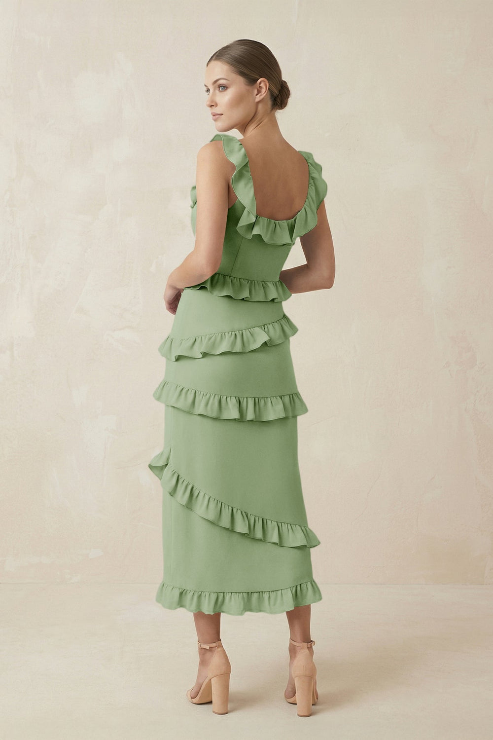 Square Neck Ruffled Sheath Satin Midi Bridesmaid Dress in Sage