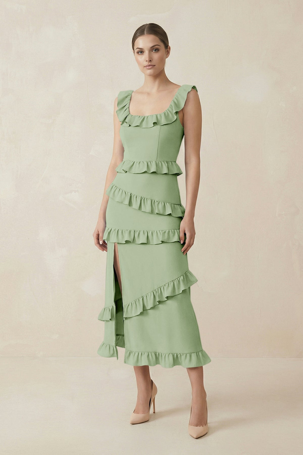 Square Neck Ruffled Sheath Satin Midi Bridesmaid Dress in Sage