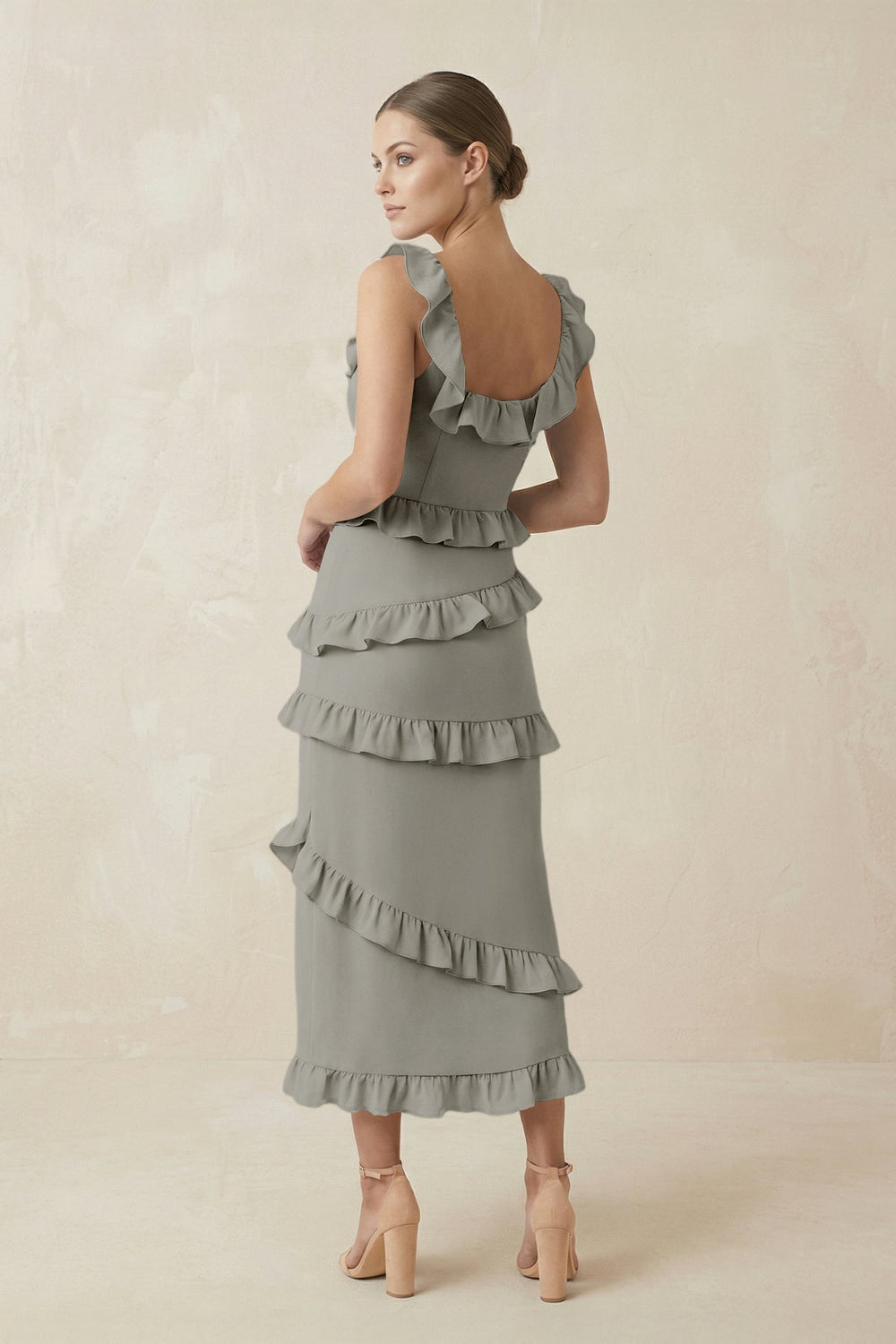 Square Neck Ruffled Sheath Satin Midi Bridesmaid Dress in Silver