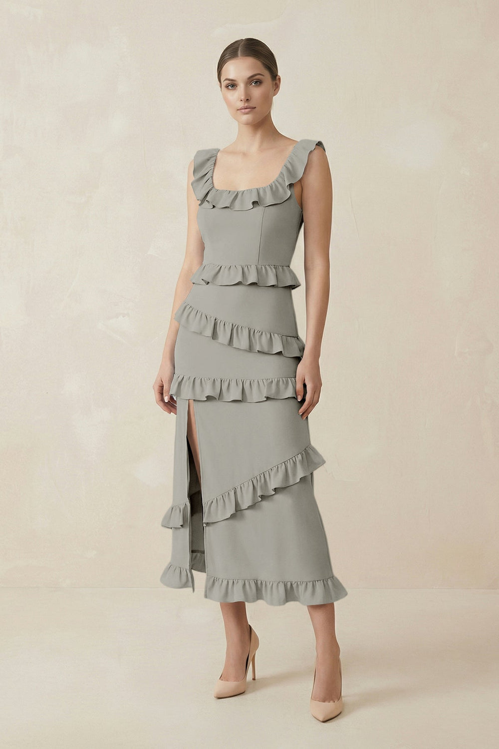 Square Neck Ruffled Sheath Satin Midi Bridesmaid Dress in Silver