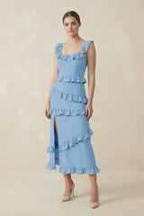 Square Neck Ruffled Sheath Satin Midi Bridesmaid Dress in Sky Blue - KISS BRIDAL Bridesmaid Dresses