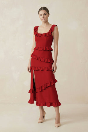 Square Neck Ruffled Sheath Satin Midi Bridesmaid Dress in Spice - KISS BRIDAL Bridesmaid Dresses