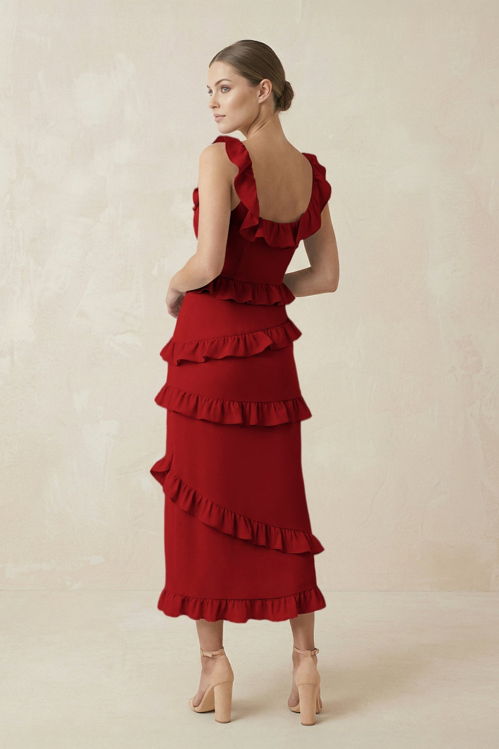 Square Neck Ruffled Sheath Satin Midi Bridesmaid Dress in Spice
