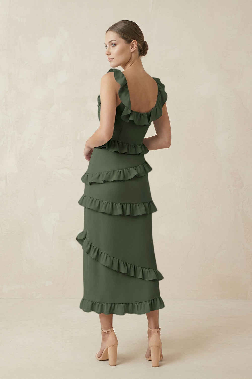 Square Neck Ruffled Sheath Satin Midi Bridesmaid Dress in Thyme