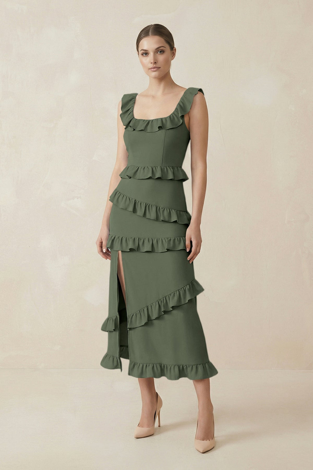 Square Neck Ruffled Sheath Satin Midi Bridesmaid Dress in Thyme