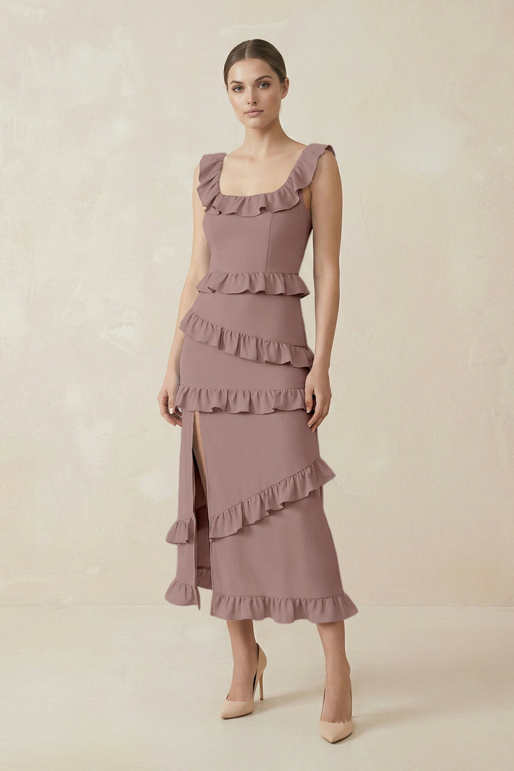 Square Neck Ruffled Sheath Satin Midi Bridesmaid Dress in Toffee