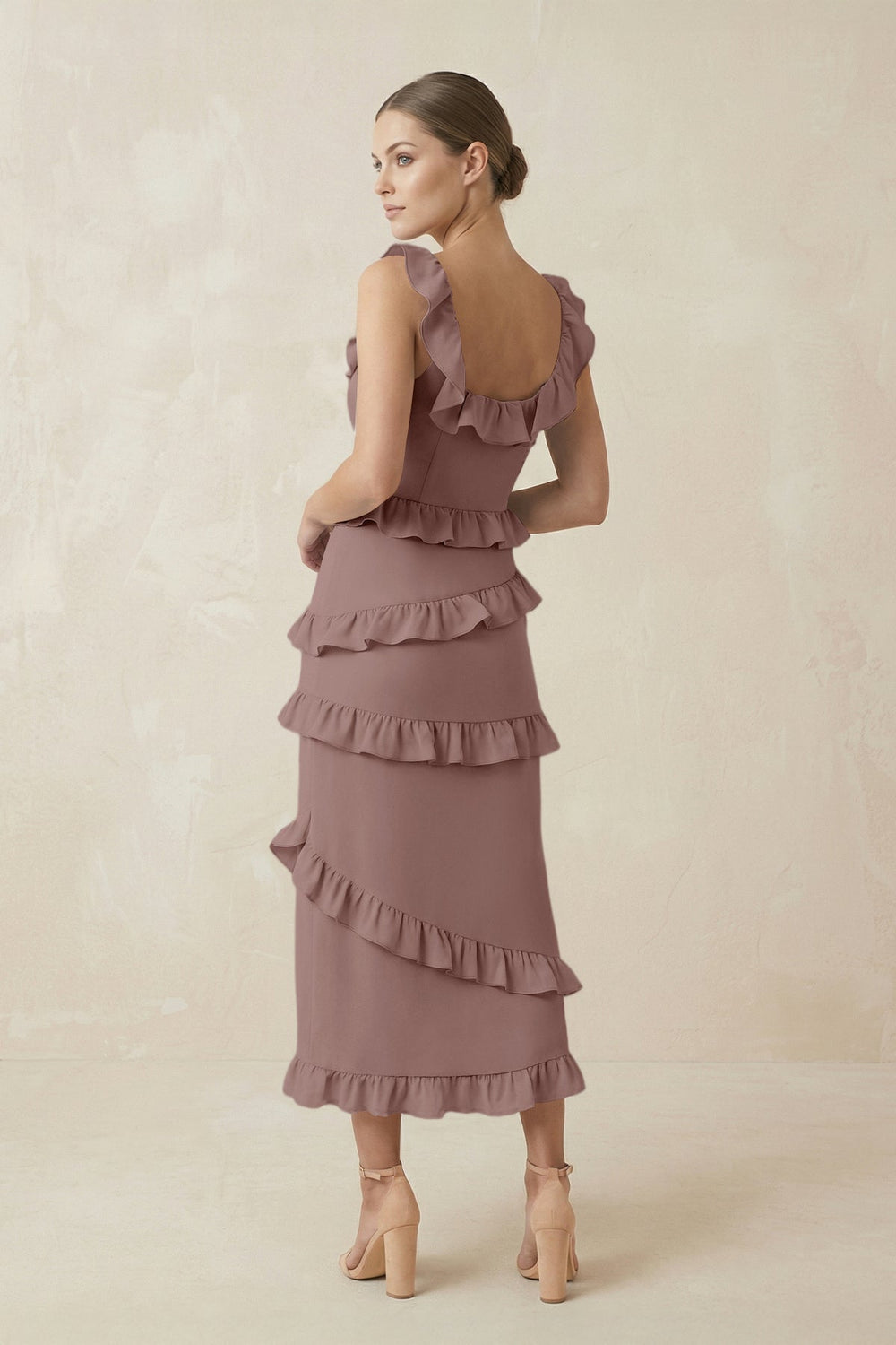 Square Neck Ruffled Sheath Satin Midi Bridesmaid Dress in Toffee