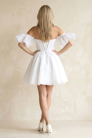 Square Neck Ruffled Sleeves A - Line Satin Wedding Dress in White - KISS BRIDAL Wedding Dresses
