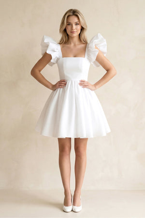 Square Neck Ruffled Sleeves A - Line Satin Wedding Dress in White - KISS BRIDAL Wedding Dresses