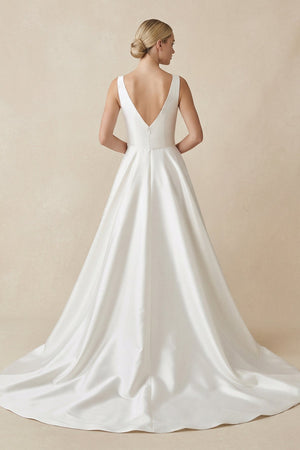 Square Neck Satin A - Line Ruched Wedding Dress in White - KISS BRIDAL Wedding Dresses