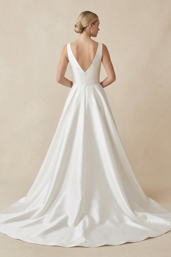 Square Neck Satin A - Line Ruched Wedding Dress in White - KISS BRIDAL Wedding Dresses