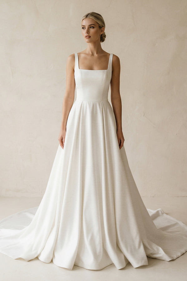 Square Neck Satin A - Line Ruched Wedding Dress in White - KISS BRIDAL Wedding Dresses