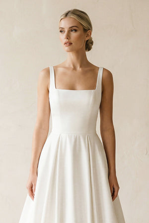 Square Neck Satin A - Line Ruched Wedding Dress in White - KISS BRIDAL Wedding Dresses