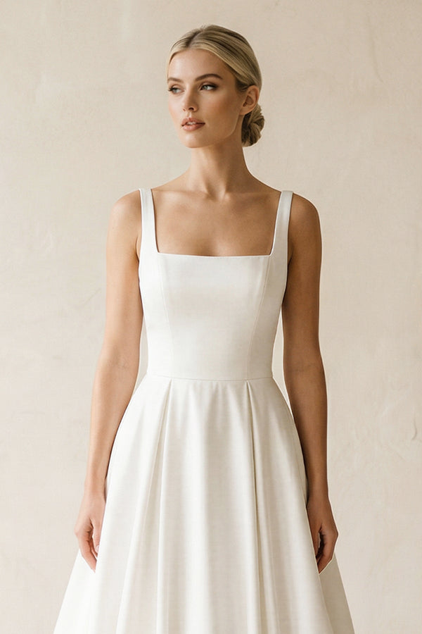 Square Neck Satin A - Line Ruched Wedding Dress in White - KISS BRIDAL Wedding Dresses