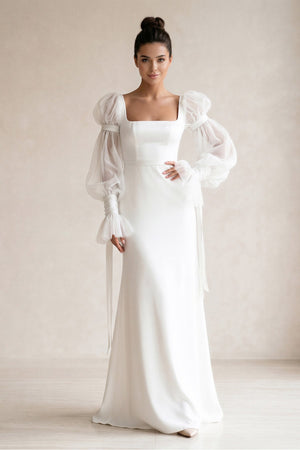 Square Neck Satin sheath Long Sleeves Wedding Dress in White - KISS BRIDAL Wedding Dresses