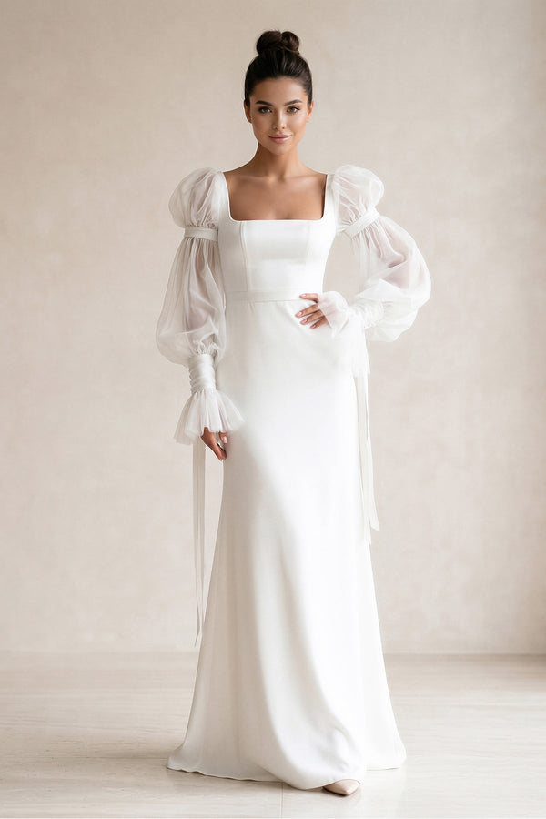 Square Neck Satin sheath Long Sleeves Wedding Dress in White - KISS BRIDAL Wedding Dresses