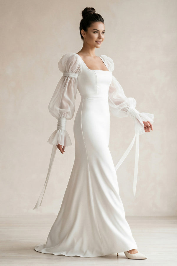 Square Neck Satin sheath Long Sleeves Wedding Dress in White - KISS BRIDAL Wedding Dresses