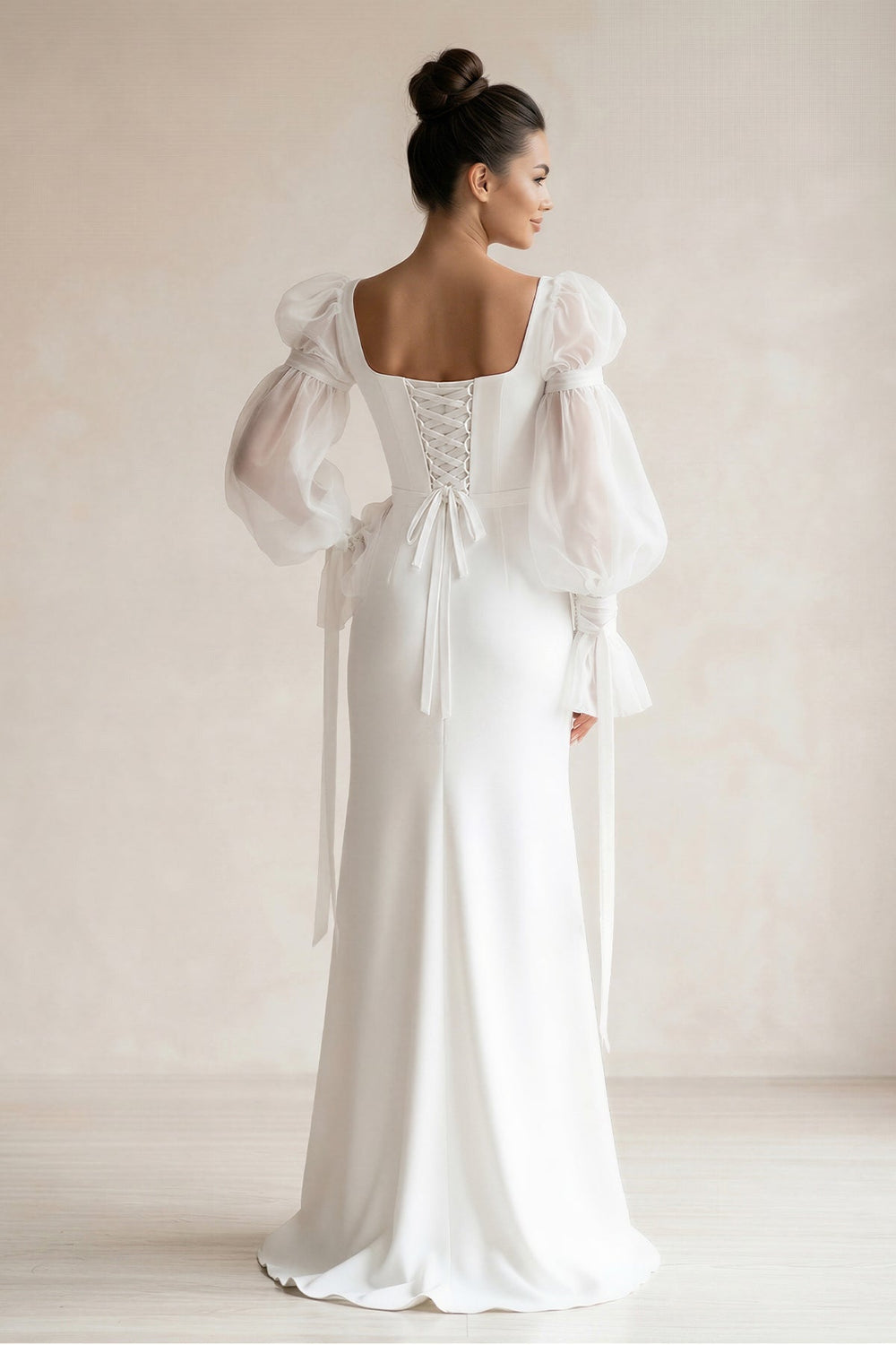 Square Neck Satin sheath Long Sleeves Wedding Dress in White