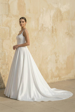 Square Neck Satin Wedding Dress With Appliques in White - KISS BRIDAL Wedding Dresses