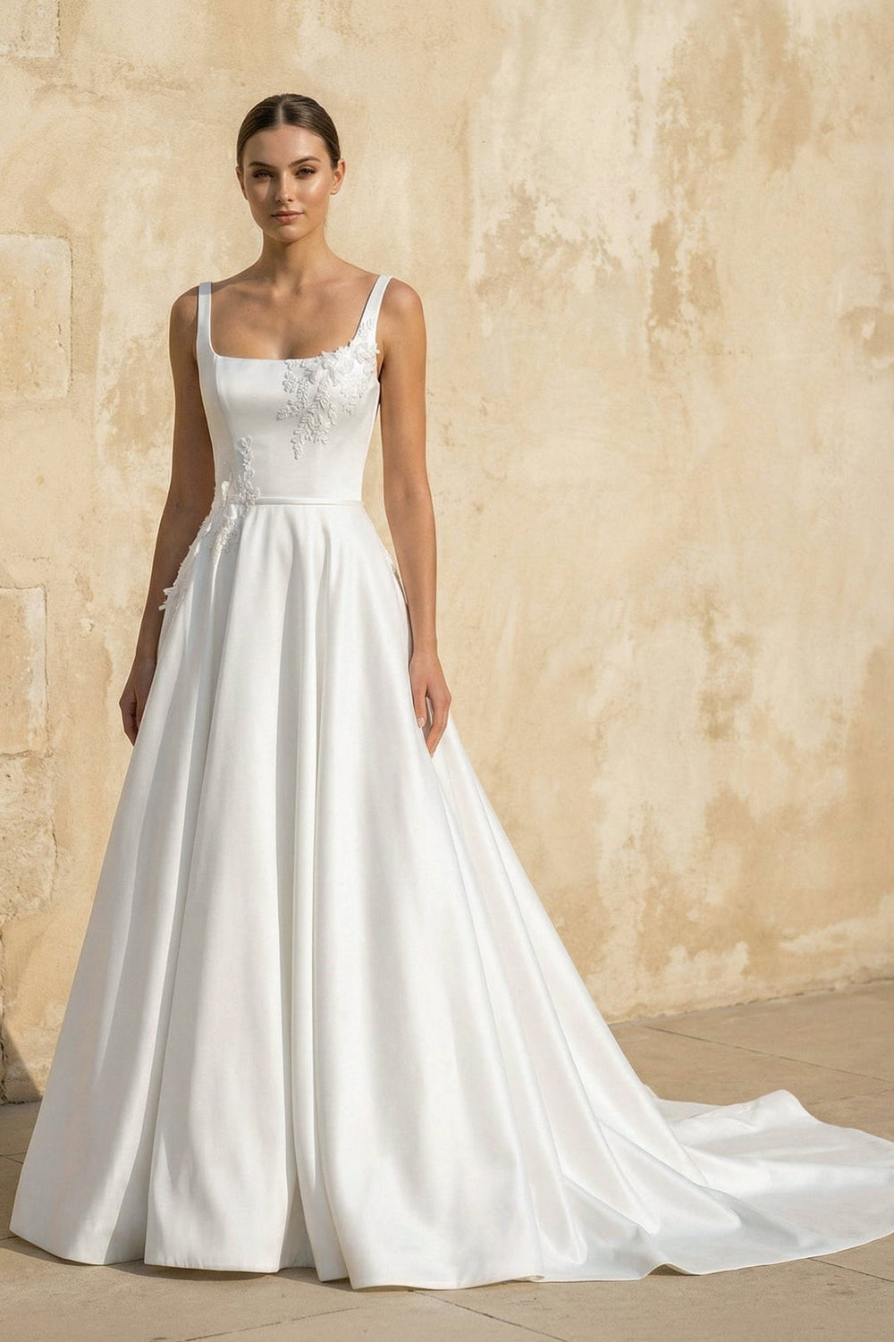 Square Neck Satin Wedding Dress With Appliques in White