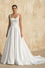 Square Neck Satin Wedding Dress With Appliques in White - KISS BRIDAL Wedding Dresses