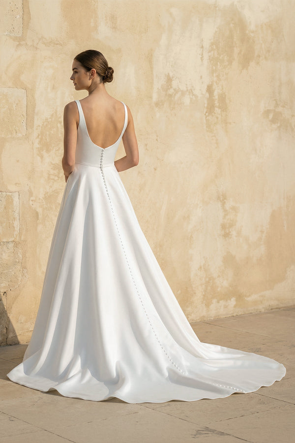 Square Neck Satin Wedding Dress With Appliques in White - KISS BRIDAL Wedding Dresses