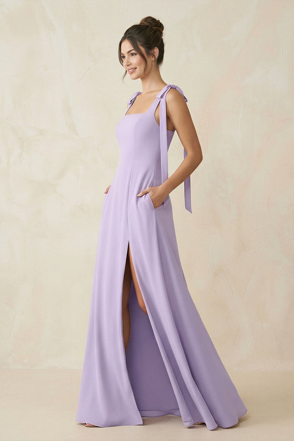 Square Neck Sheath Chiffon Bridesmaid Dress with Bow in Lavender - KISS BRIDAL BRIDESMAID DRESSES