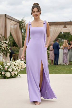 Square Neck Sheath Chiffon Bridesmaid Dress with Bow in Lavender - KISS BRIDAL BRIDESMAID DRESSES