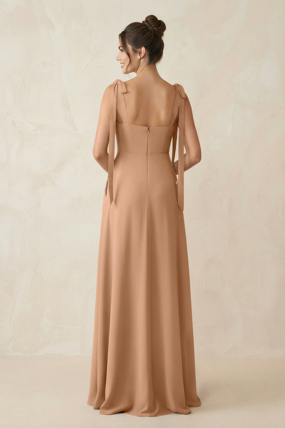 Square Neck Sheath Chiffon Bridesmaid Dress with Bow in Bronzer