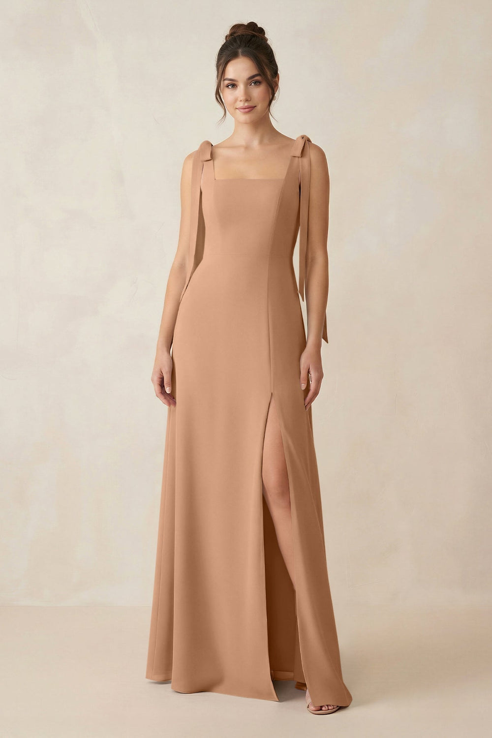 Square Neck Sheath Chiffon Bridesmaid Dress with Bow in Bronzer