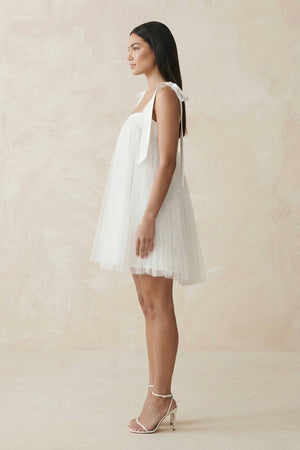 Square Neck Tulle A - Line Wedding Dress With Bow in White - KISS BRIDAL Wedding Dresses