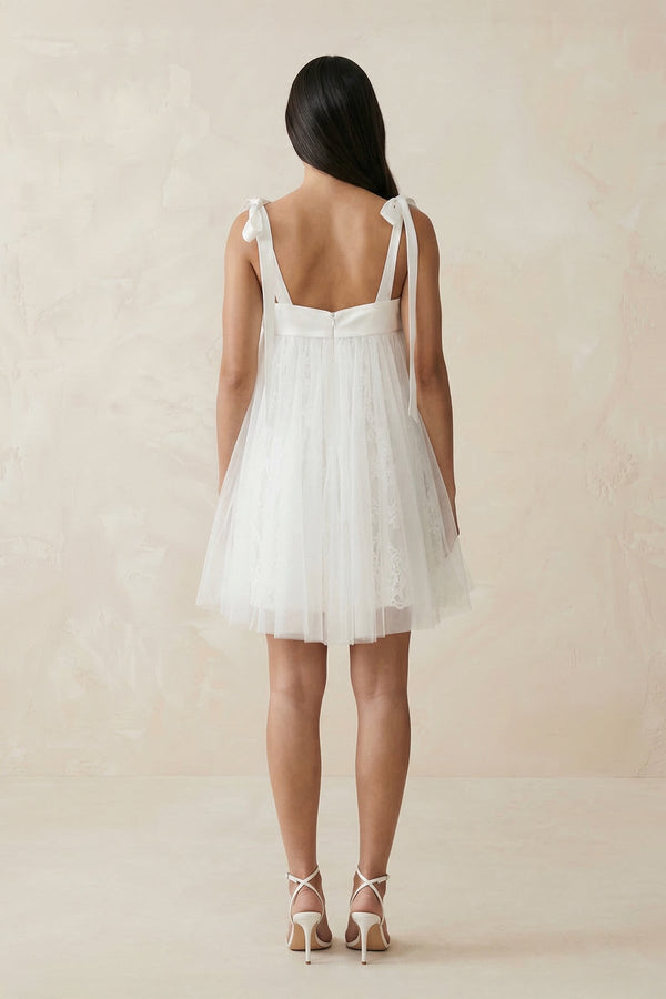 Square Neck Tulle A - Line Wedding Dress With Bow in White - KISS BRIDAL Wedding Dresses