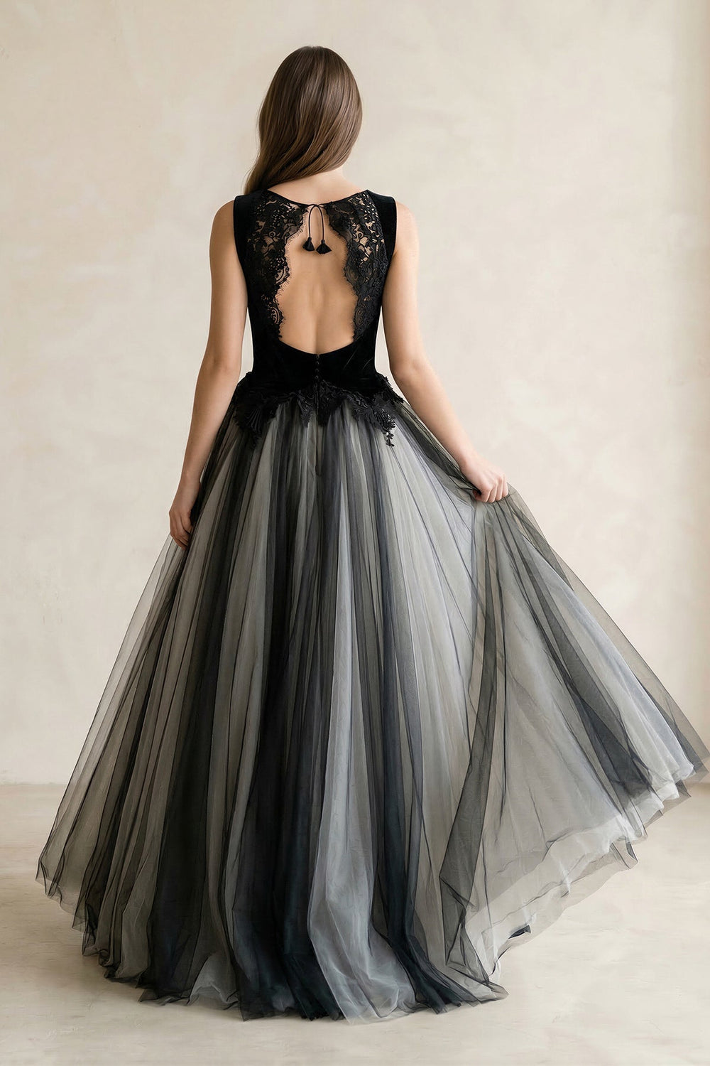 Square Neck Tulle Lace Ball-Gown Wedding Dress in Black