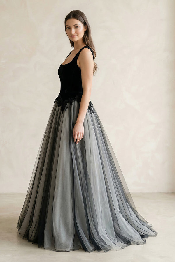Square Neck Tulle Lace A - Line Wedding Dress in Black - KISS BRIDAL Wedding Dresses