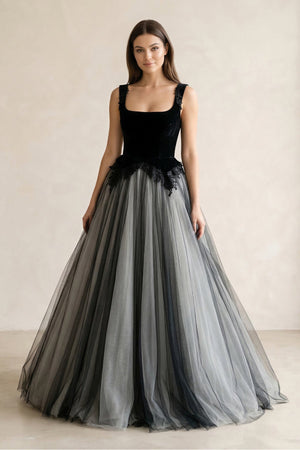 Square Neck Tulle Lace A - Line Wedding Dress in Black - KISS BRIDAL Wedding Dresses