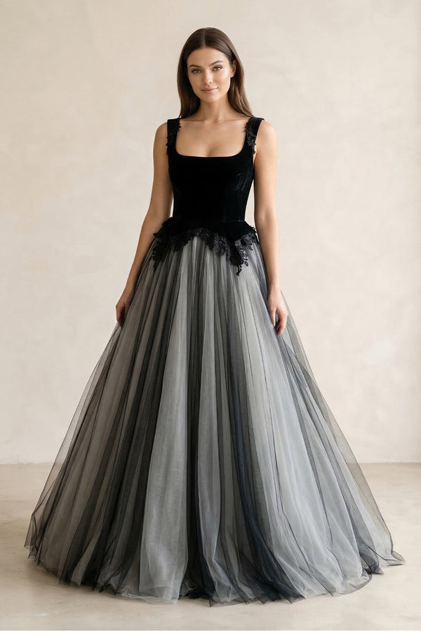 Square Neck Tulle Lace A - Line Wedding Dress in Black - KISS BRIDAL Wedding Dresses