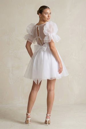 Square Neck Tulle Puff Sleeve A - Line Wedding Dress in White - KISS BRIDAL Wedding Dresses
