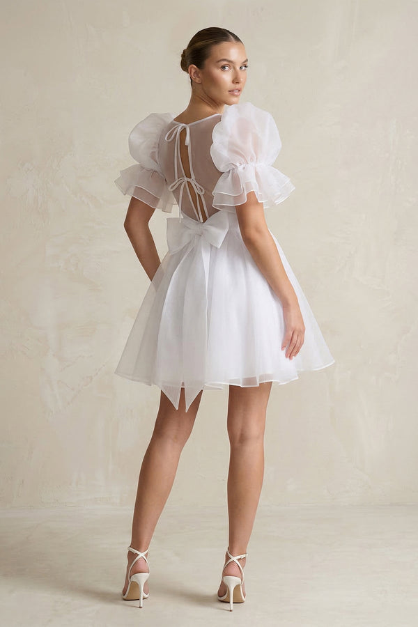 Square Neck Tulle Puff Sleeve A - Line Wedding Dress in White - KISS BRIDAL Wedding Dresses