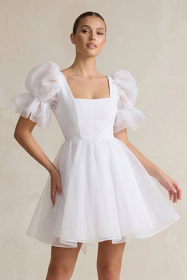 Square Neck Tulle Puff Sleeve A - Line Wedding Dress in White - KISS BRIDAL Wedding Dresses