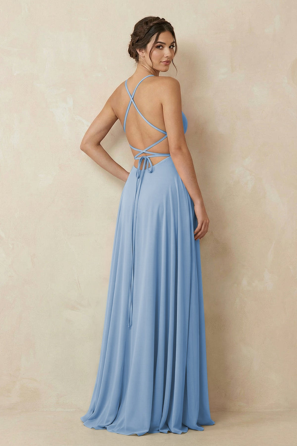 A-Line Chiffon Bridesmaid Dress With Slit in Steel Blue