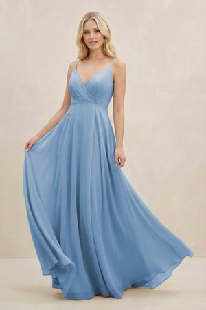 Steel Blue A-Line Spaghetti Strap Chiffon Bridesmaid Dress | KISSBRIDAL