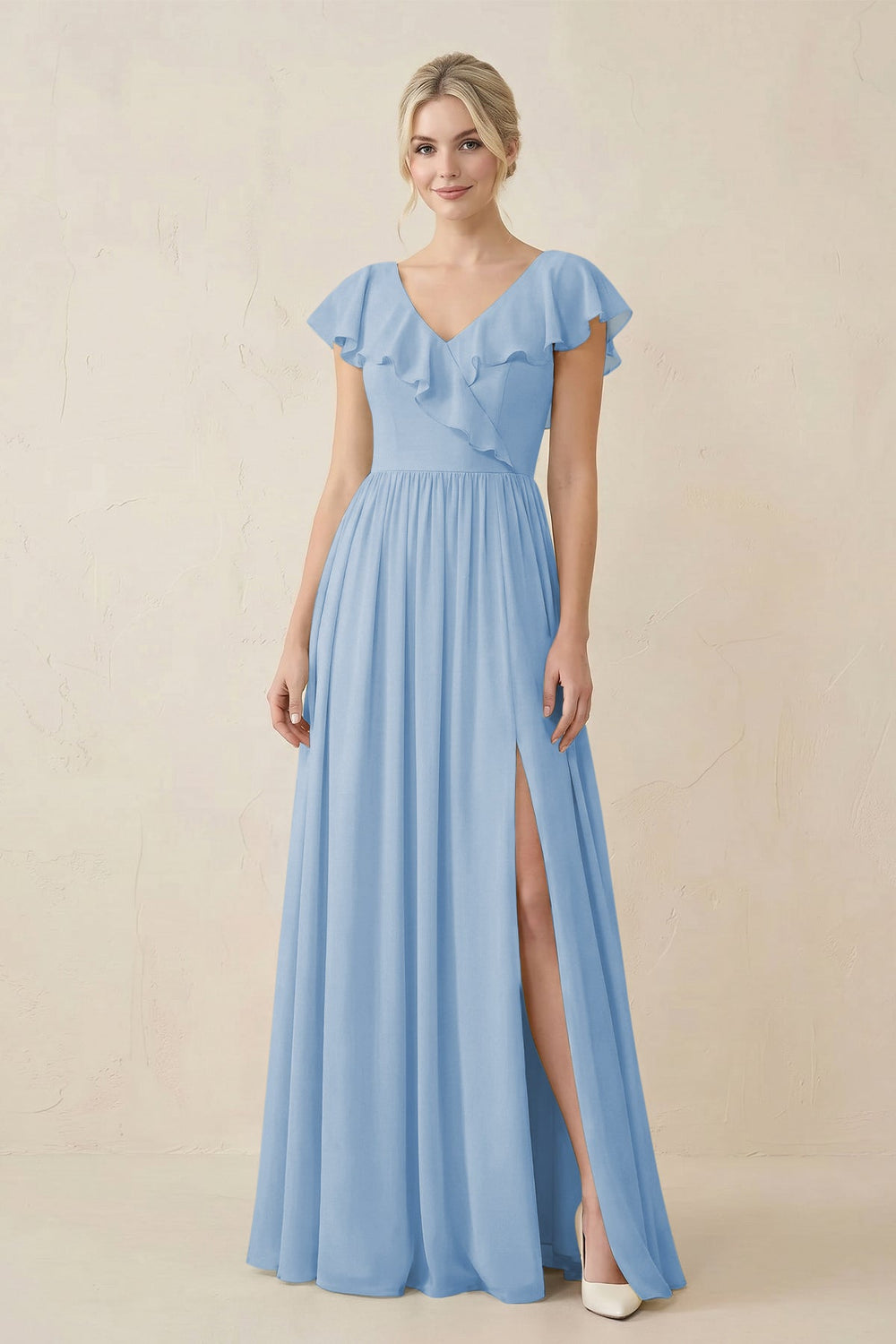 Cap Sleeve A-Line Ruffled Chiffon Bridesmaid Dress in Steel Blue