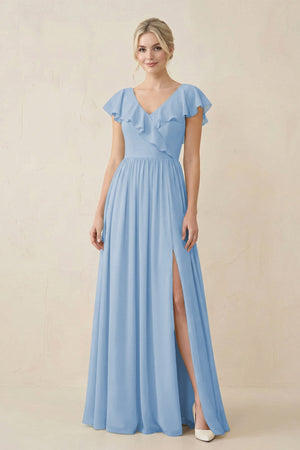 Steel Blue Cap Sleeve A-Line Ruffled Chiffon Bridesmaid Dress | KISSBRIDAL